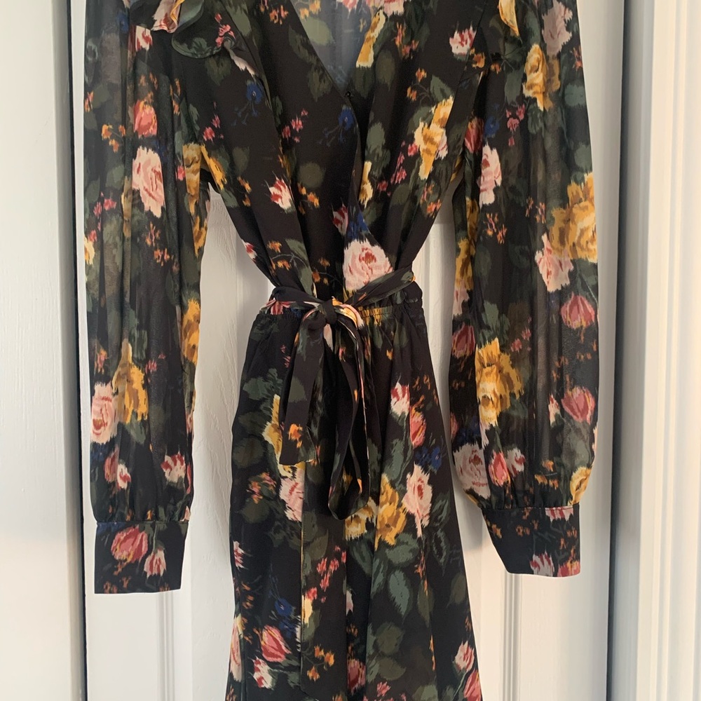 Dynamite Black and Pink Wrap Sundress with Bishop Sleeves